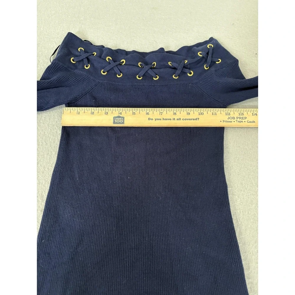 Michael Michael Kors‎ Sweater Womens Small Navy Off Shoulder Lace Up Ribbed Knit